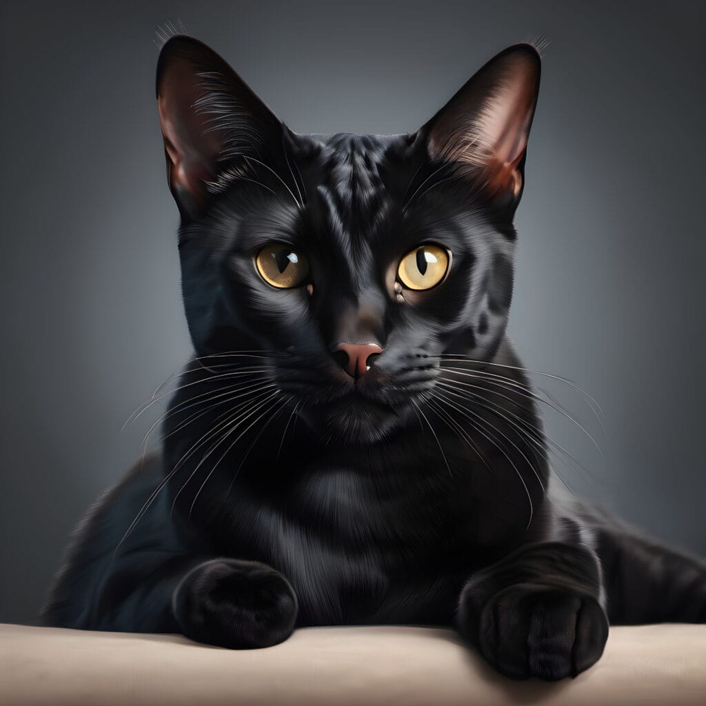 AI image, front view of a black bengal cat on a grey background