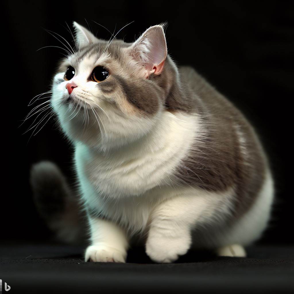 ai-gen image of a fat grey and white munchkin cat. murder floof. 