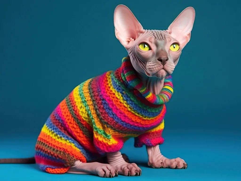 Sphynx cat clothes - AI image of a grey Sphynx cat wearing a multicolored knit sweater, on a blue background