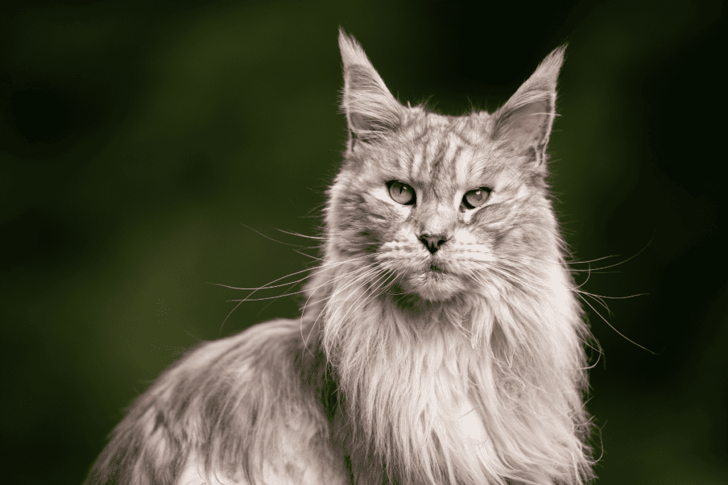 grey maine coon cat staring at the camera, blurry green background