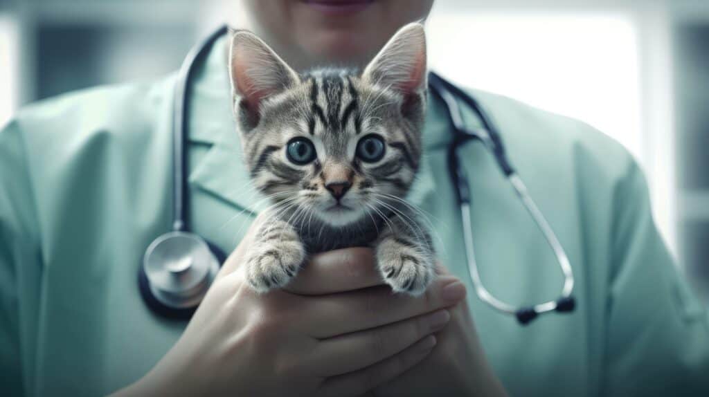 how long does it take to spay a cat? AI generated image of a grey kitten being held by a veterinarian in surgical scrubs