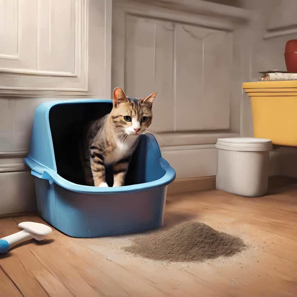 How Deep Should Cat Litter Be - AI image of a grey tabby cat exiting a blue covered litter box