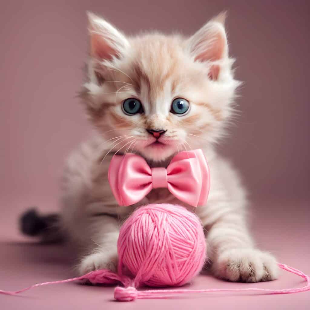 900 Girl Cat Names AI image of a light orange kitten with a pink bow collar playing with a pink ball of yarn
