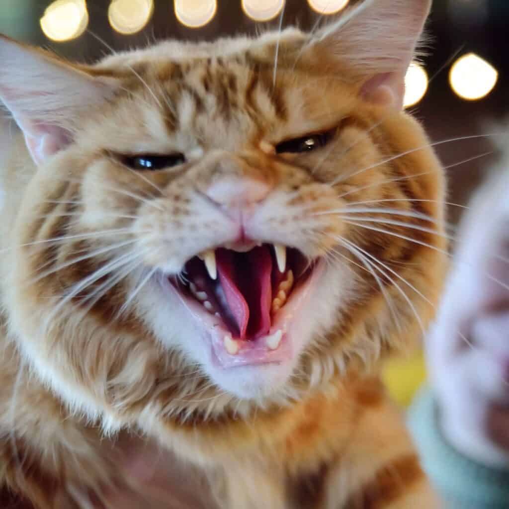 When to Go to the ER for a Cat Bite - headshot of an angry orange tabby cat with mouth open snarling