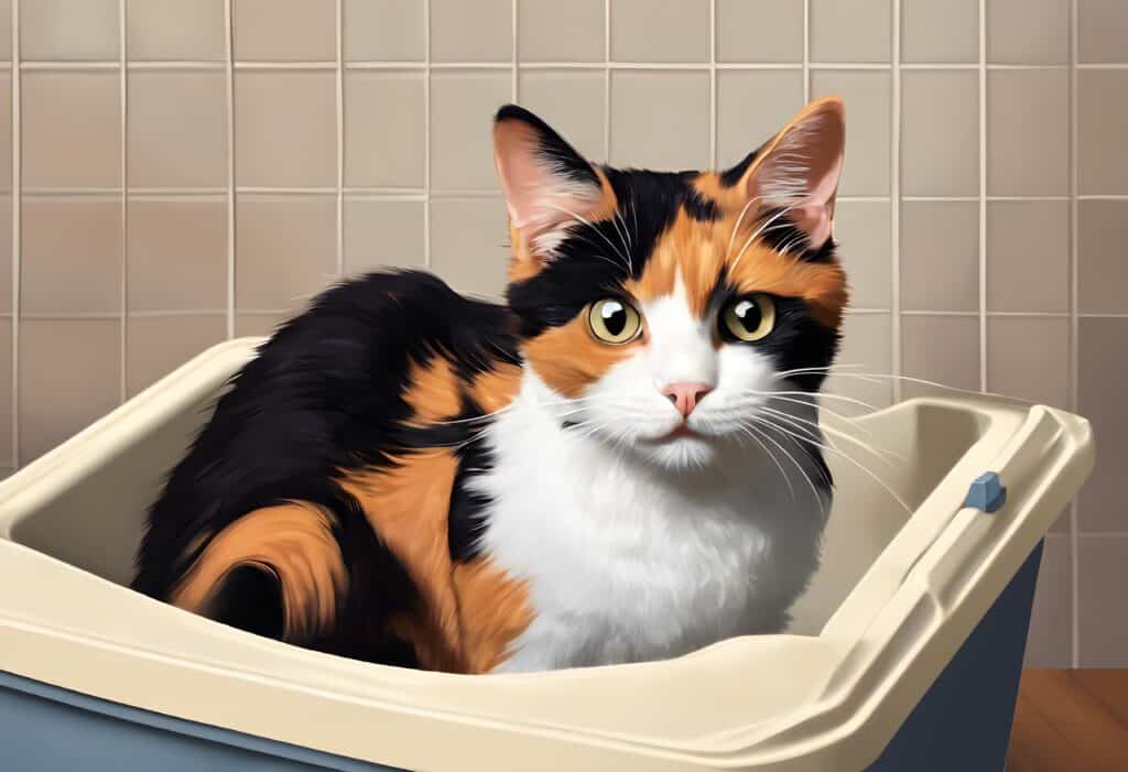 How Deep Should Cat Litter Be - AI image of a calico cat crouched inside a litter box