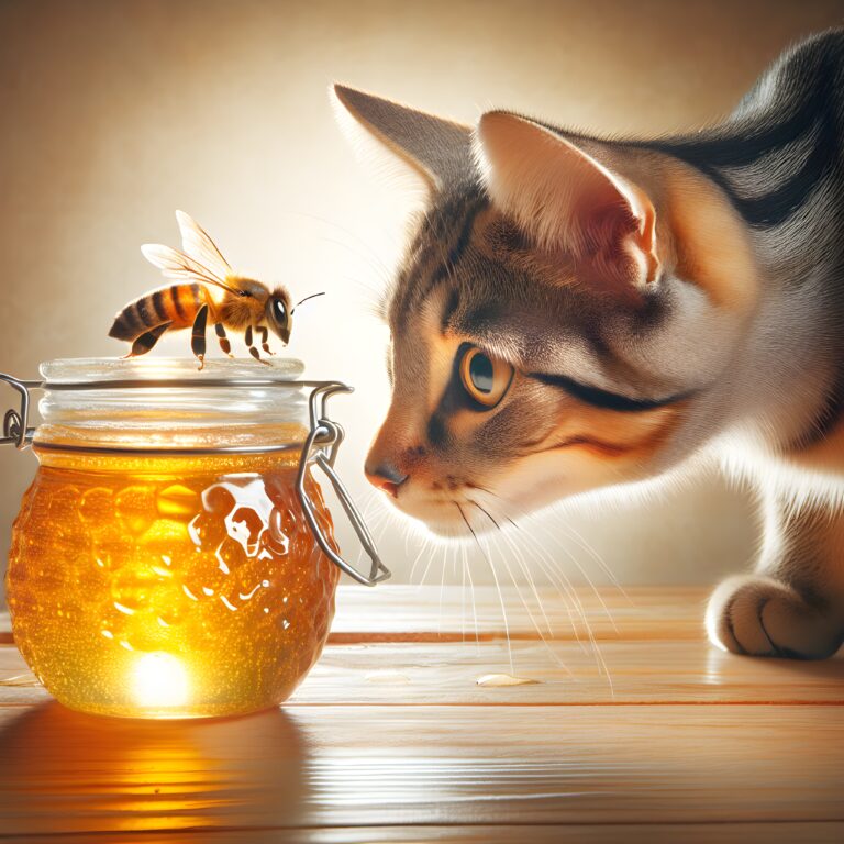AI image of a tabby cat looking at a bee sitting on a jar of honey, backight background, illustrating can cats eat honey