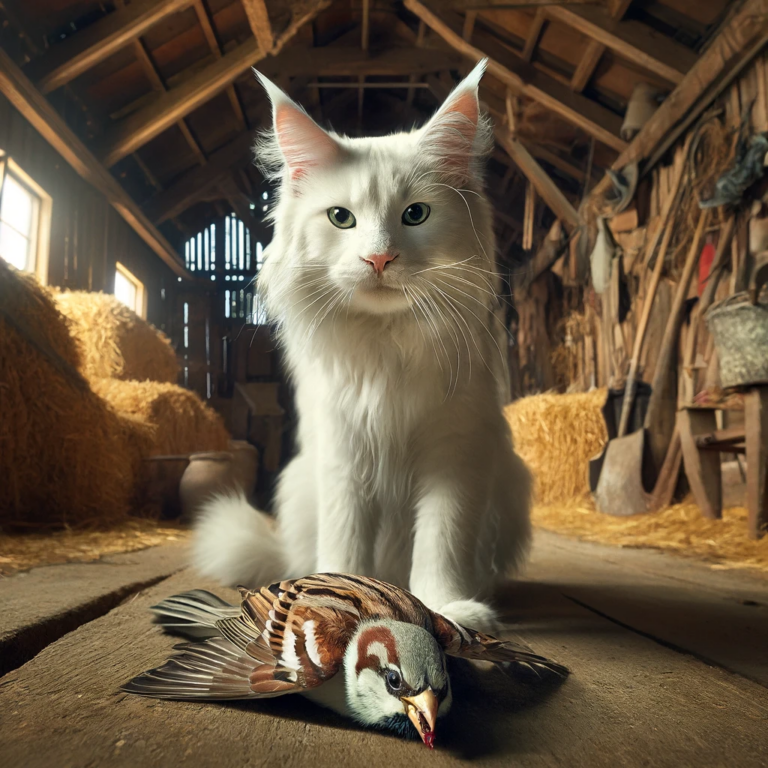 AI images of a white cat in a barn loft proudly showing off the bird she has caught