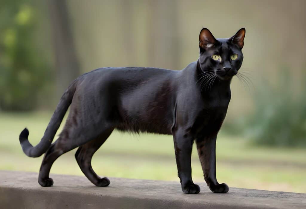 AI generated image of a black bengal cat, side view, on a blurry green background that suggest it is outdoors