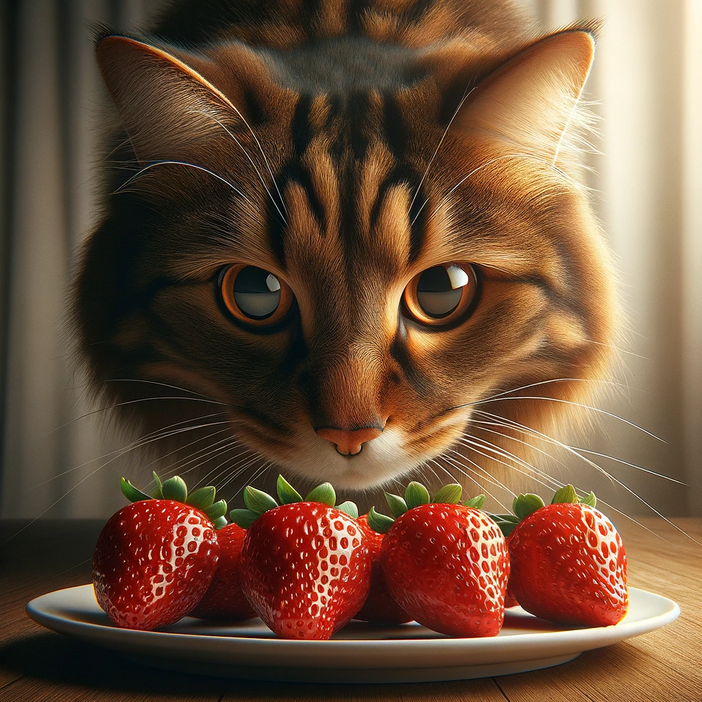 can cats eat strawberries? AI generated image of a brown tabby cat sniffing a plate containing a row of perfectly formed, bright red strawberries
