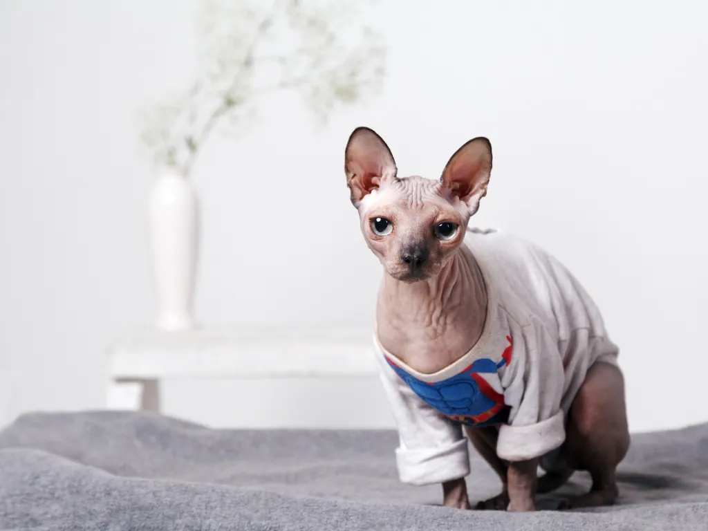 Sphynx cat clothes - Sphynx cat wearing a white tshirt with a blue logo on the front and rolled up sleeves, standing on a grey blanket with a white background