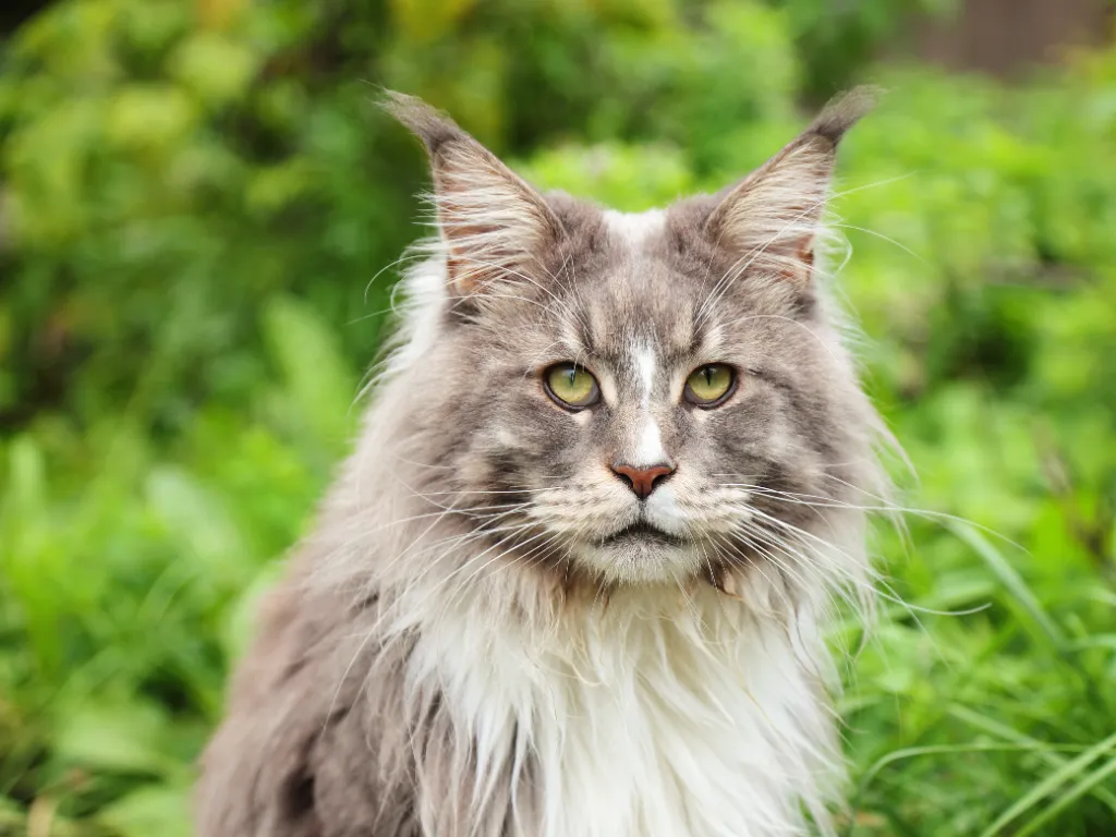 are maine coon cats hypoallergenic - grey and white maine coon cat head and shoulders view on a green background