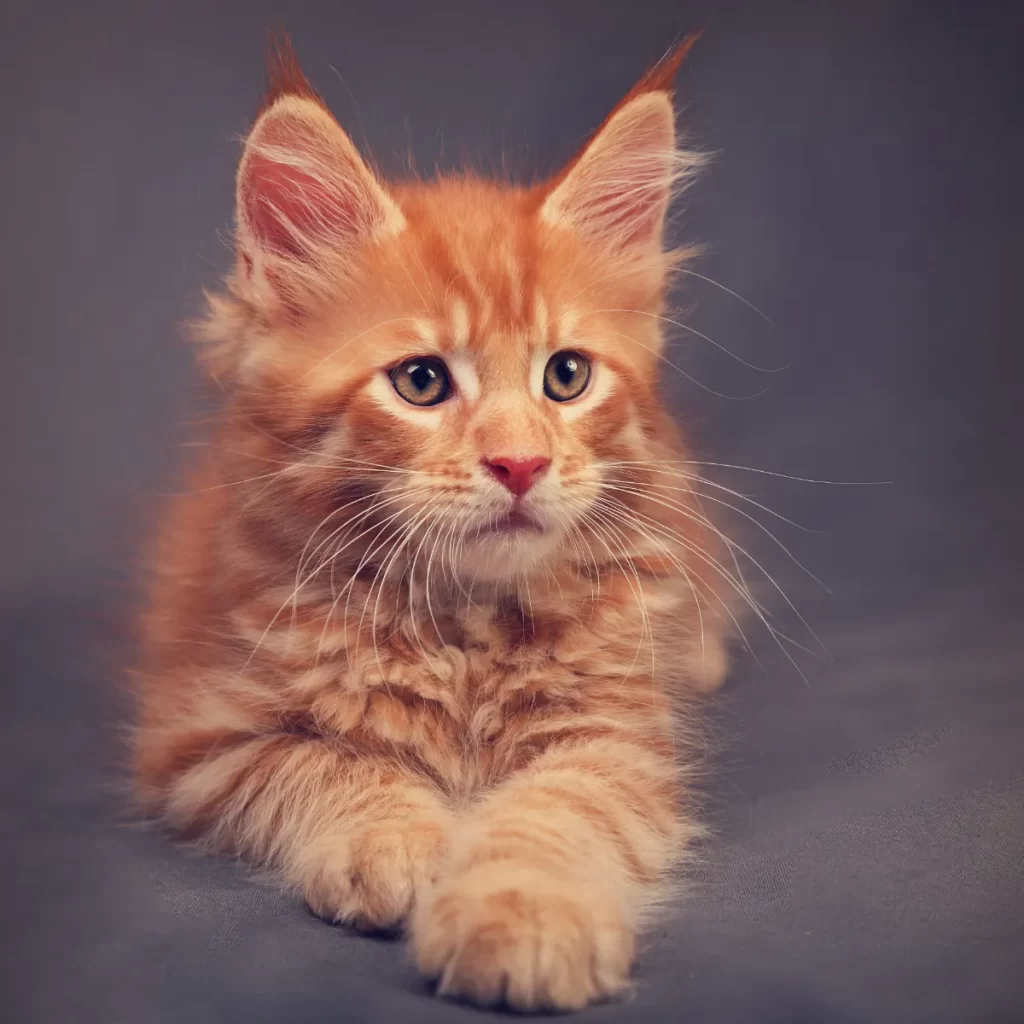 studio image of an orange maine coon tabby cat lying facing the camera on a grey background
