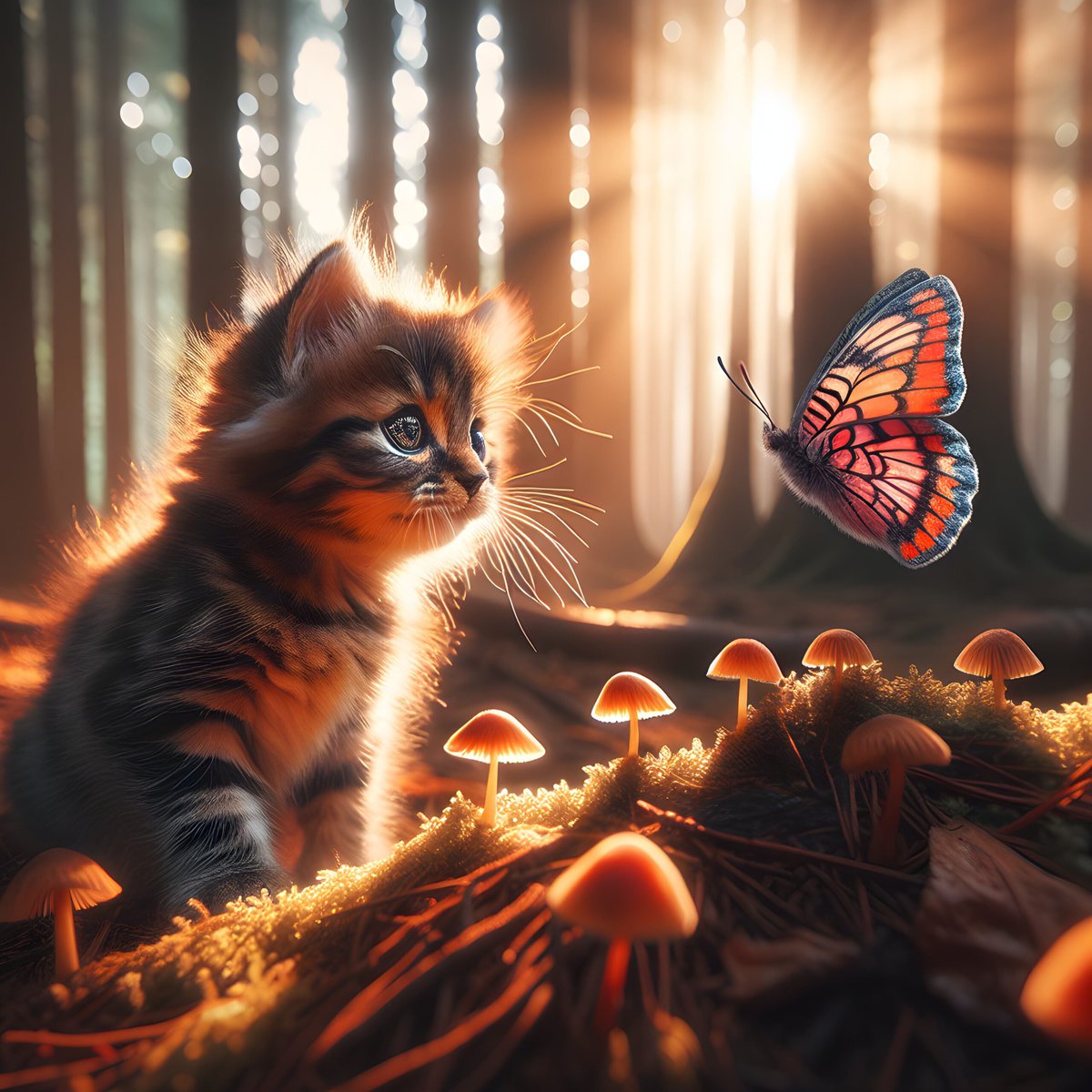 free cat pictures - AI image of a kitten in a forest with sun filtering through trees and a butterfly nearby
