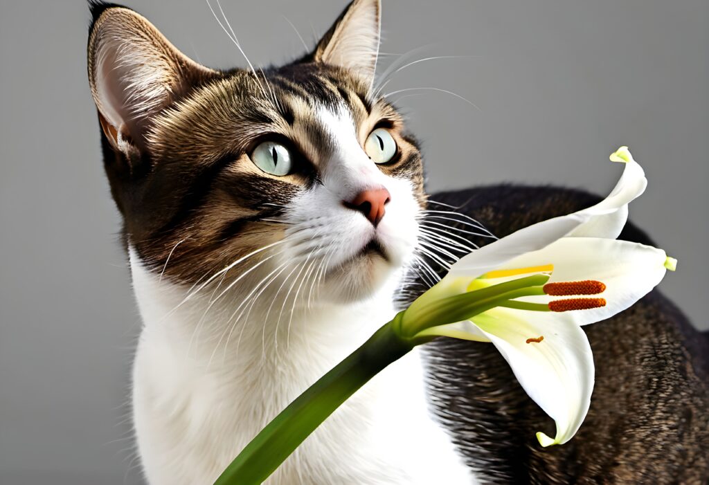 AI generated image of a grey and white tabby next to an Easter lily flower, used to illustrate that easter lilies & cats don't mix