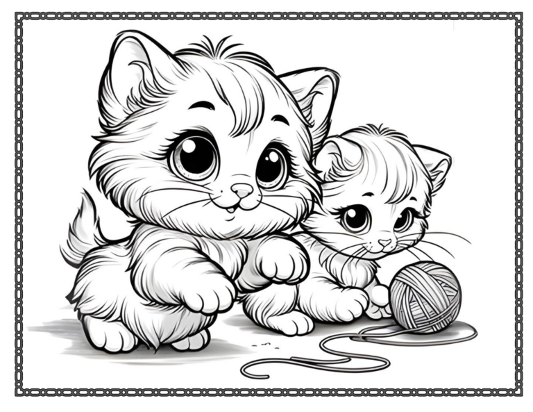 free kitten coloring page featuring two kittens playing with a ball of yarn