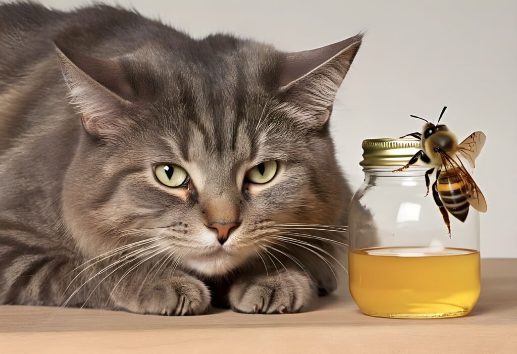 ai image of a grumpy grey at looking at a large bee on a honey jar