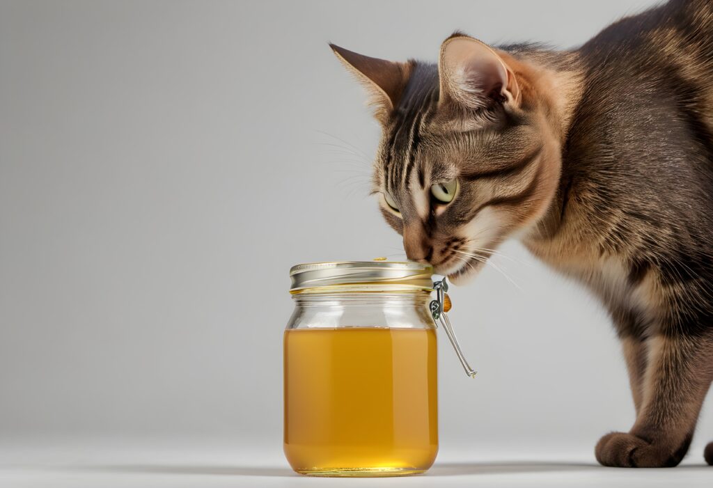 ai image of a cat sniffing a jar of honey, grey background, illustrating the question 'can cats eat honey'