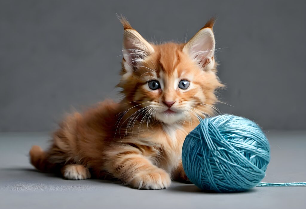 best boy cat names - AI image of an orange maine coon kitten playing with a blue ball of yarn