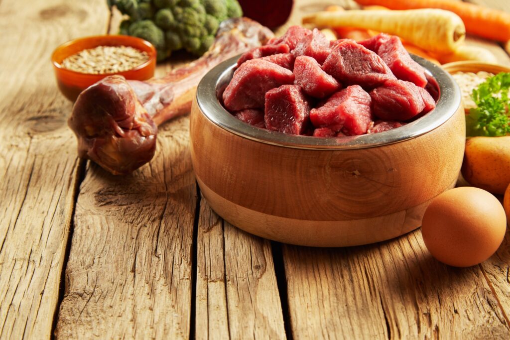 dog dish with raw meat chunks, on a wood table surface, raw food diets for pets